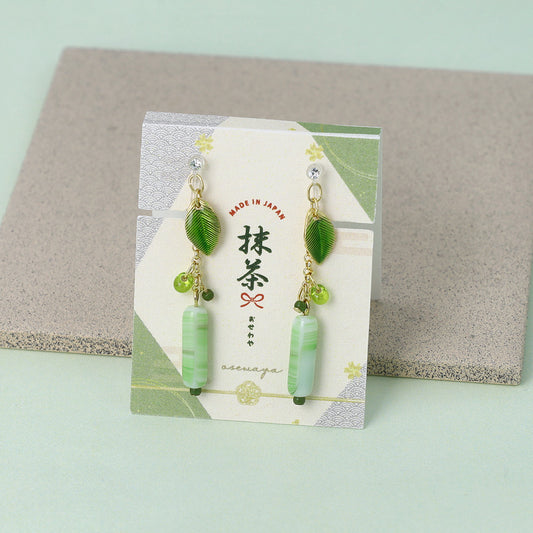 ノンホールピアス 抹茶 葉 マーブル ビーズ イヤリング 樹脂タイプ