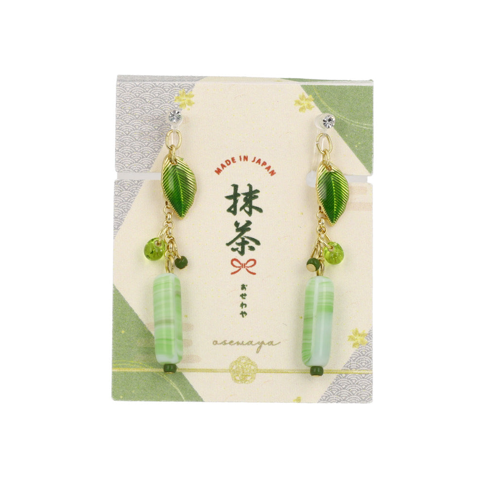 ノンホールピアス 抹茶 葉 マーブル ビーズ イヤリング 樹脂タイプ