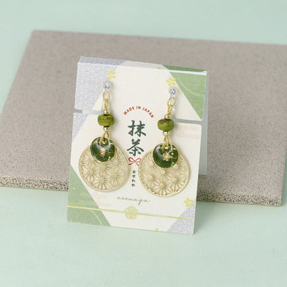 ノンホールピアス 抹茶 麻の葉文様 サークル ビーズ イヤリング 樹脂タイプ