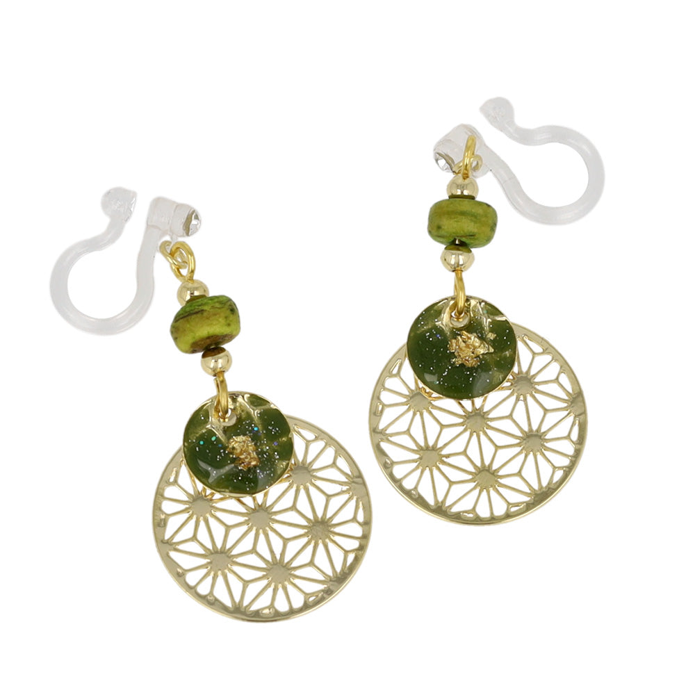 ノンホールピアス 抹茶 麻の葉文様 サークル ビーズ イヤリング 樹脂タイプ