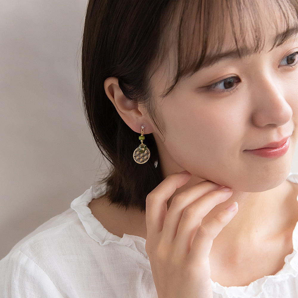 ノンホールピアス 抹茶 麻の葉文様 サークル ビーズ イヤリング 樹脂タイプ