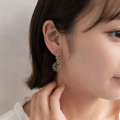 ノンホールピアス 抹茶 麻の葉文様 サークル ビーズ イヤリング 樹脂タイプ