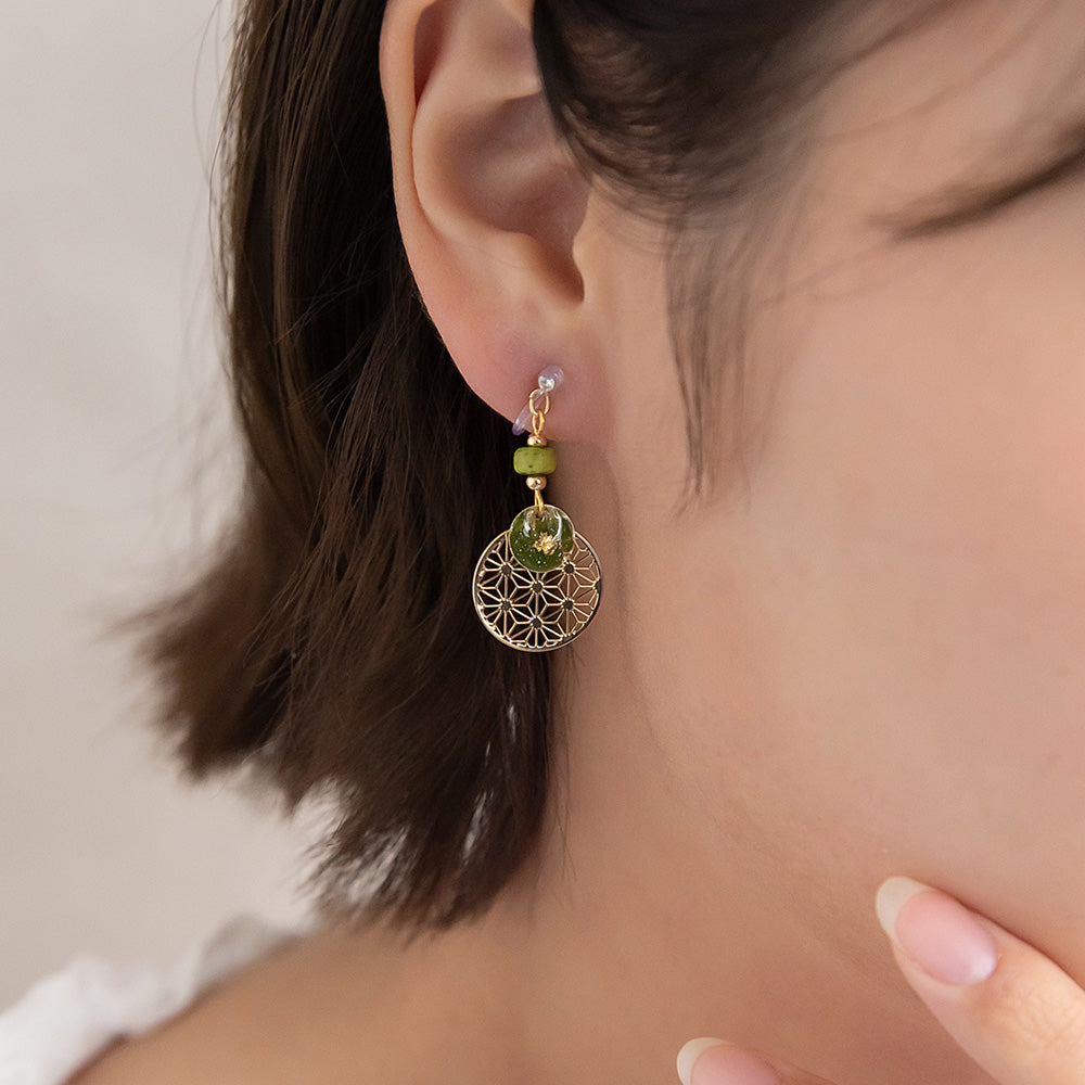 ノンホールピアス 抹茶 麻の葉文様 サークル ビーズ イヤリング 樹脂タイプ