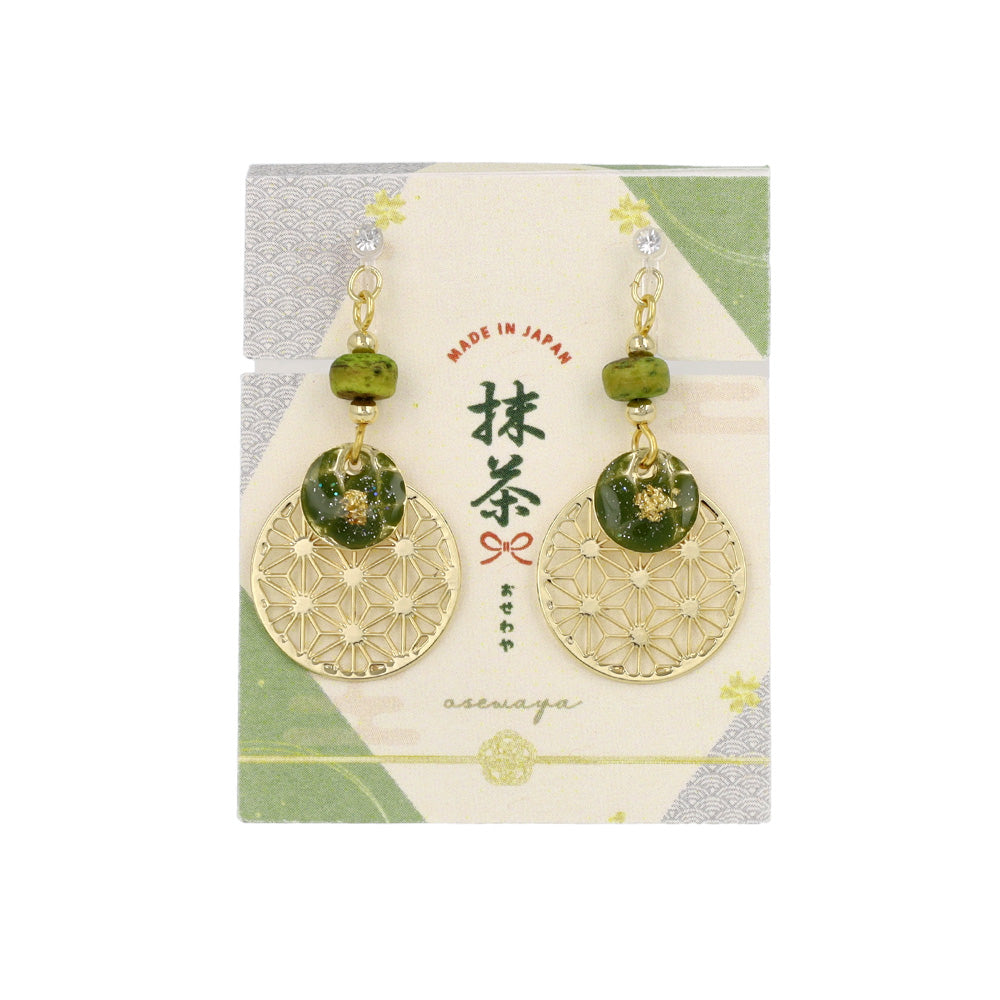 ノンホールピアス 抹茶 麻の葉文様 サークル ビーズ イヤリング 樹脂タイプ