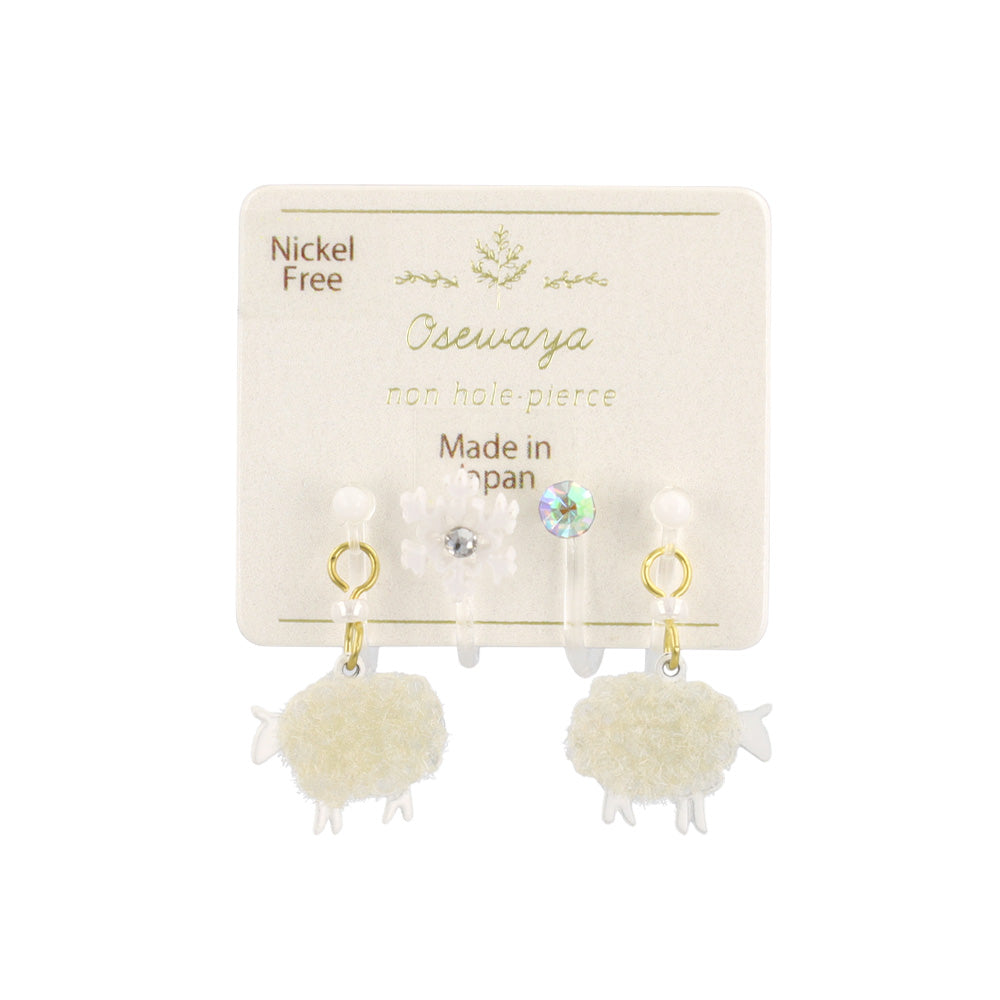 ノンホールピアス ニッケルフリー ひつじ 雪の結晶 ストーン 4個セット イヤリング 樹脂タイプ