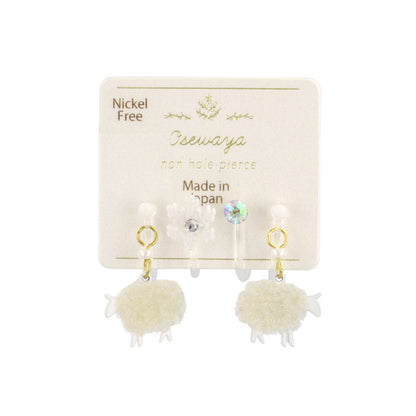 ノンホールピアス ニッケルフリー ひつじ 雪の結晶 ストーン 4個セット イヤリング 樹脂タイプ