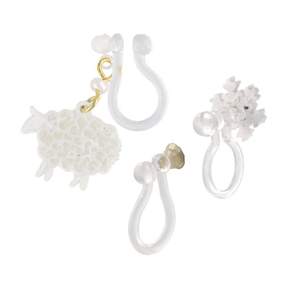 ノンホールピアス ニッケルフリー ひつじ 雪の結晶 ストーン 4個セット イヤリング 樹脂タイプ