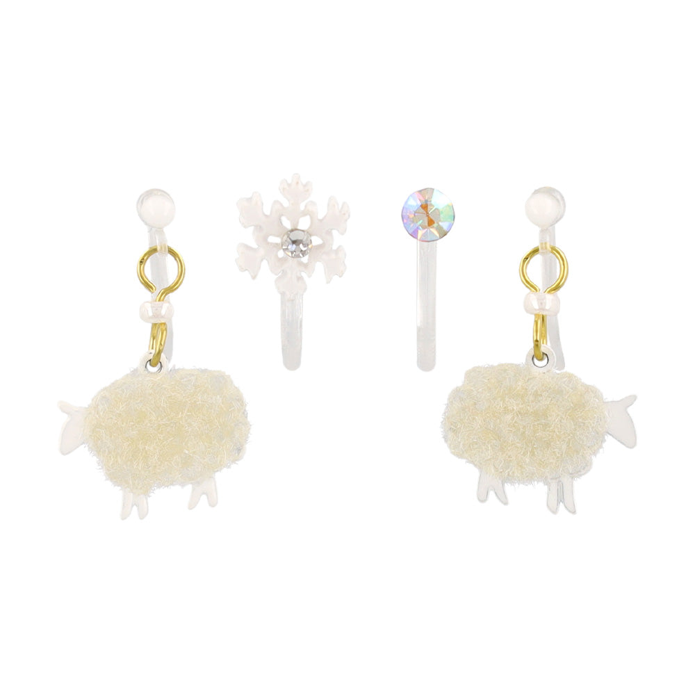 ノンホールピアス ニッケルフリー ひつじ 雪の結晶 ストーン 4個セット イヤリング 樹脂タイプ