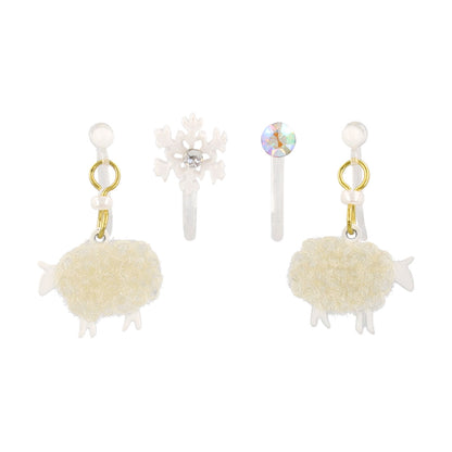 ノンホールピアス ニッケルフリー ひつじ 雪の結晶 ストーン 4個セット イヤリング 樹脂タイプ