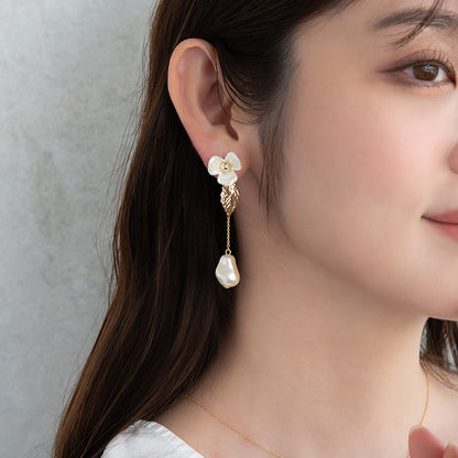 ピアス ニッケルフリー メタル パール フラワー 花 リーフ チェーン チタンポスト ドロップピアス