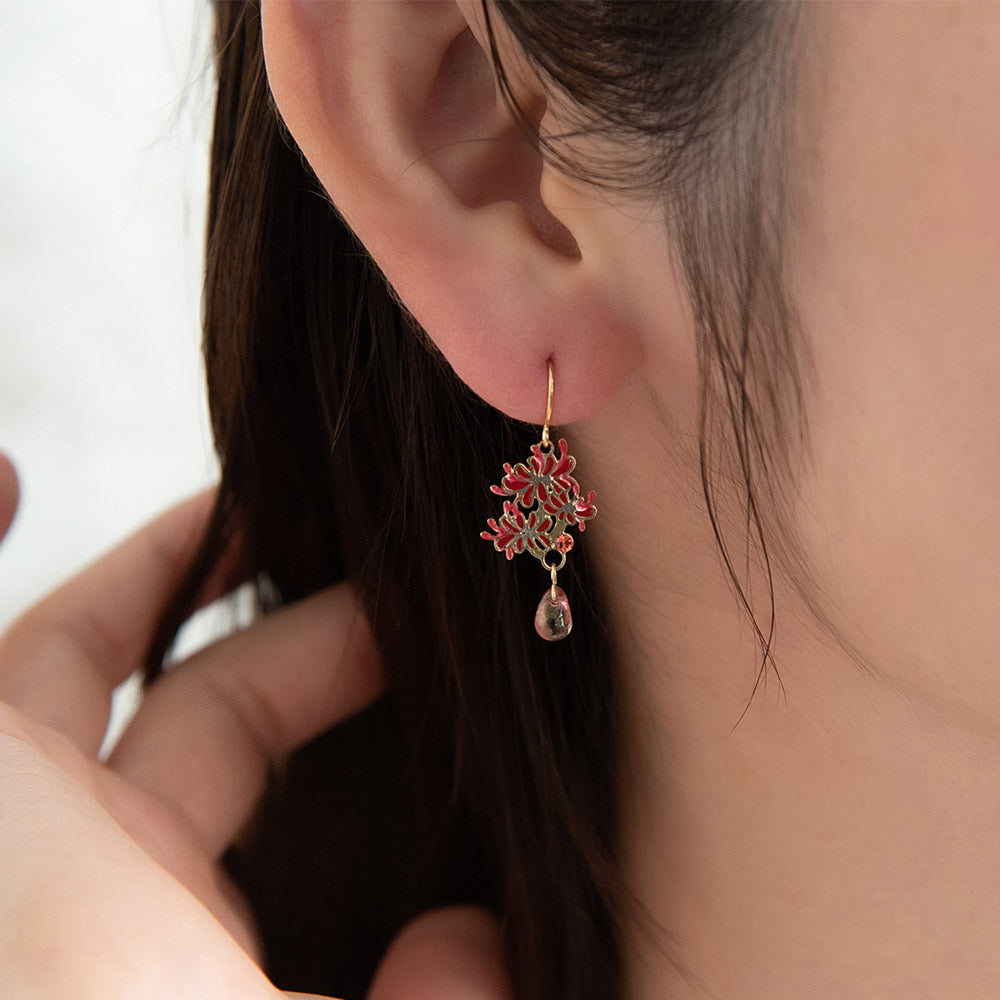 ピアス ニッケルフリー メタル 彼岸花 ドロップ ビーズ ストーン フックピアス