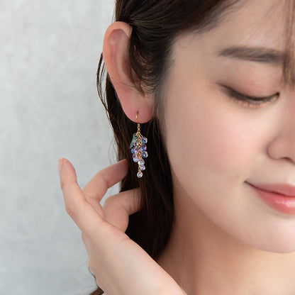 ピアス 藤の花 葉 リーフ オーロラ ドロップビーズ グラデーション サージカルステンレスポスト フックピアス