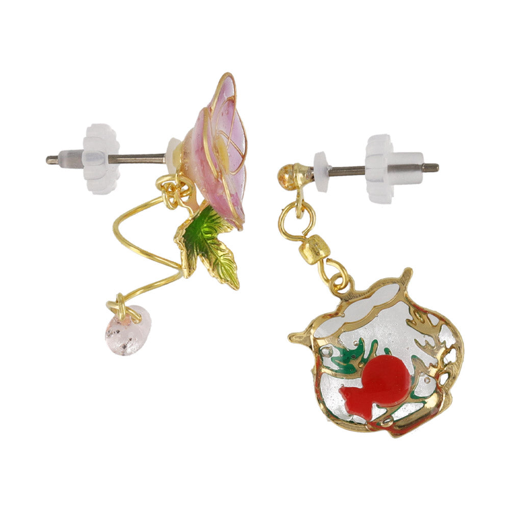 ピアス ニッケルフリー メタル 朝顔 ワイヤー フラワー 花 金魚 金魚鉢 ドロップ クリア カラー ビーズ アシンメトリー チタンポスト スタッドピアス