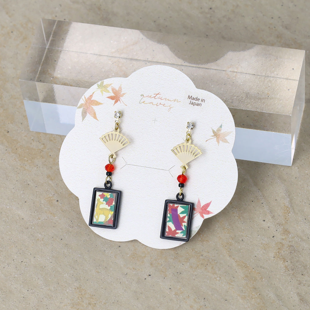 ピアス 扇子 花札（紅葉に鹿） チタンポスト スタッドピアス