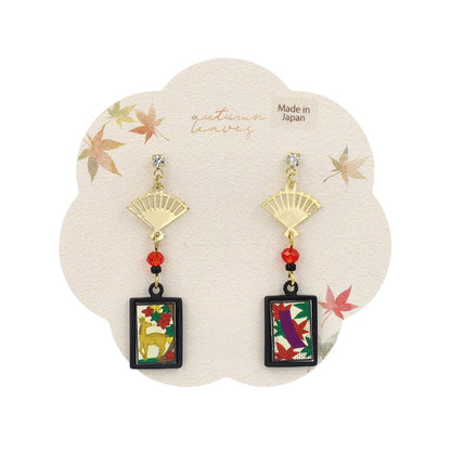 ピアス 扇子 花札（紅葉に鹿） チタンポスト スタッドピアス