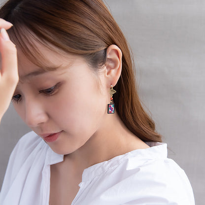 ピアス 扇子 花札（紅葉に鹿） チタンポスト スタッドピアス