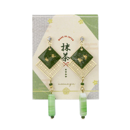 ピアス 抹茶 網代格子 マーブル ビーズ チタンポスト スタッドピアス