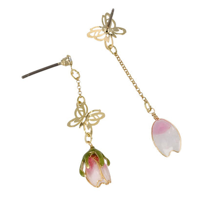 ピアス メタル 桜 花びら つぼみ ワイヤーフラワー 透かし バタフライ ストーン チェーン アシンメトリー チタンポスト スタッドピアス