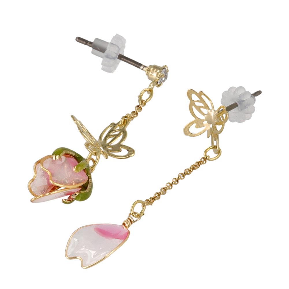 ピアス メタル 桜 花びら つぼみ ワイヤーフラワー 透かし バタフライ ストーン チェーン アシンメトリー チタンポスト スタッドピアス