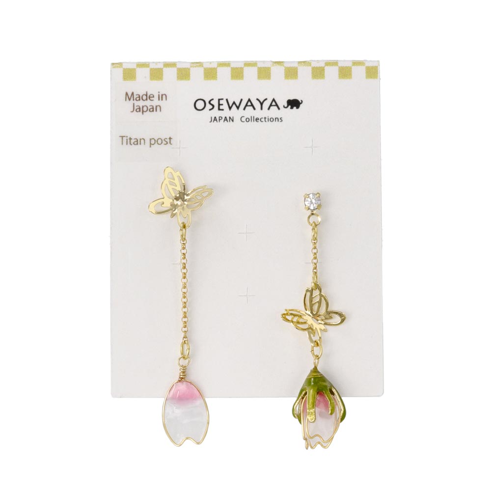 ピアス メタル 桜 花びら つぼみ ワイヤーフラワー 透かし バタフライ ストーン チェーン アシンメトリー チタンポスト スタッドピアス