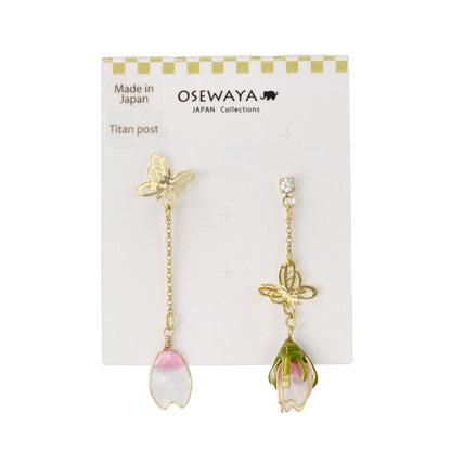ピアス メタル 桜 花びら つぼみ ワイヤーフラワー 透かし バタフライ ストーン チェーン アシンメトリー チタンポスト スタッドピアス