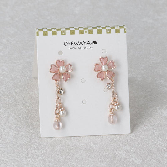 ピアス ニッケルフリー メタル 桜 ワイヤーフラワー ストーン パール ビーズ チェーン チタンポスト スタッドピアス