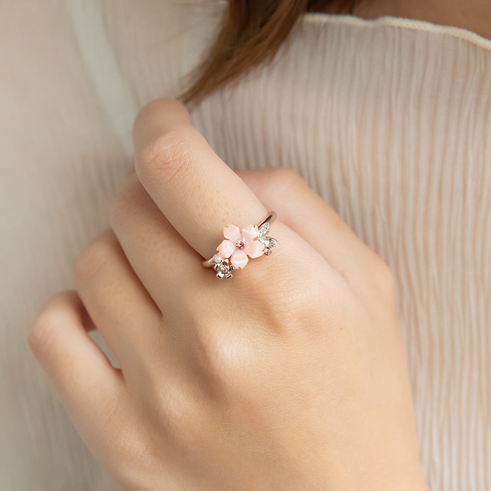 リング ニッケルフリー メタル 桜 ダブル ストーン パール フリーサイズ 指輪