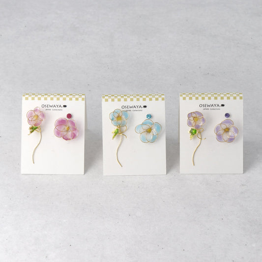 ピアス ニッケルフリー メタル 朝顔 ワイヤー フラワー 花 カラー ストーン アシンメトリー 3個セット チタンポスト スタッドピアス ドロップピアス