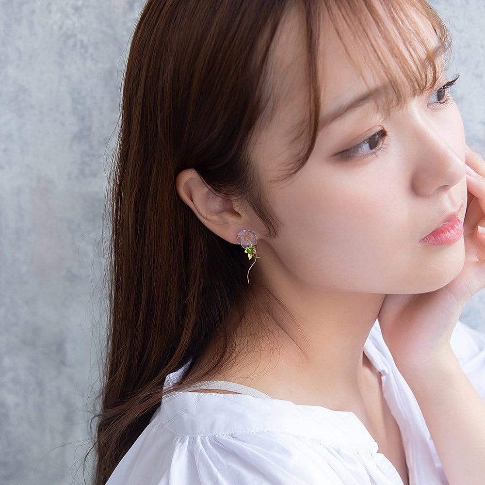 ピアス ニッケルフリー メタル 朝顔 ワイヤー フラワー 花 カラー ストーン アシンメトリー 3個セット チタンポスト スタッドピアス ドロップピアス