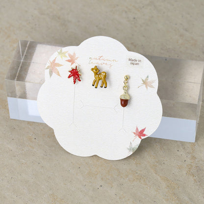 ピアス 紅葉 鹿 どんぐり 3個セット チタンポスト スタッドピアス