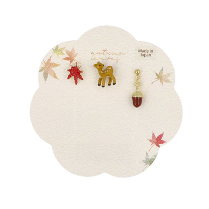 ピアス 紅葉 鹿 どんぐり 3個セット チタンポスト スタッドピアス