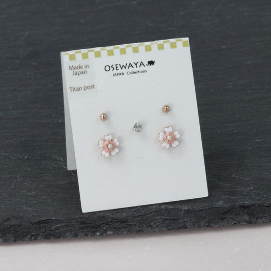ピアス メタル 桜 花 フラワー パール ストーン ボール 5個セット チタンポスト スタッドピアス