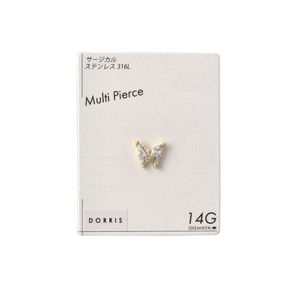 ボディピアス メタル ストーン バタフライ ストレートバーベル ネジ式 サージカルステンレス 14G【1個販売】