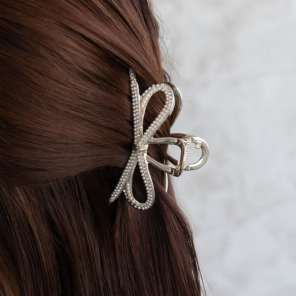 ヘアクリップ メタル リボン ミニ パール ストーン バンスクリップ