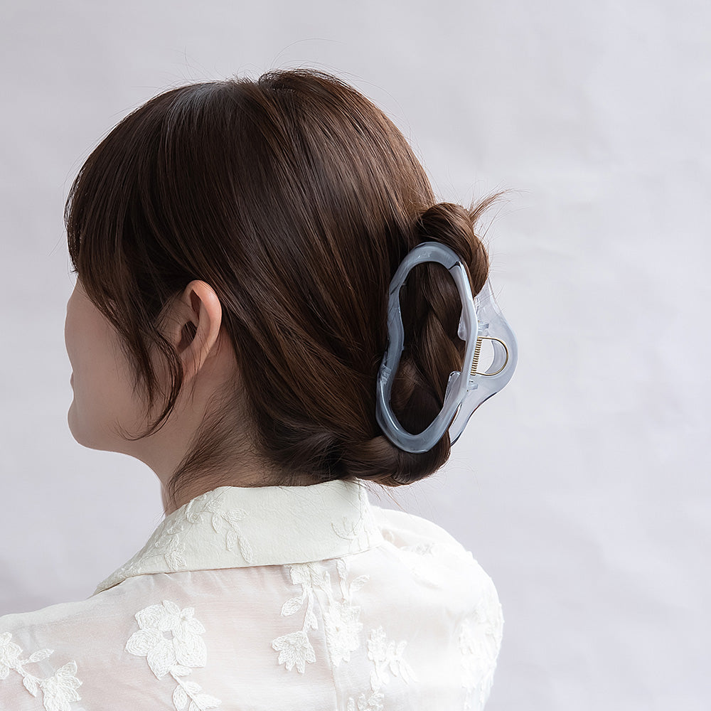 ヘアクリップ クリア マーブルカラー ウエーブ 変形 オーバル バンスクリップ