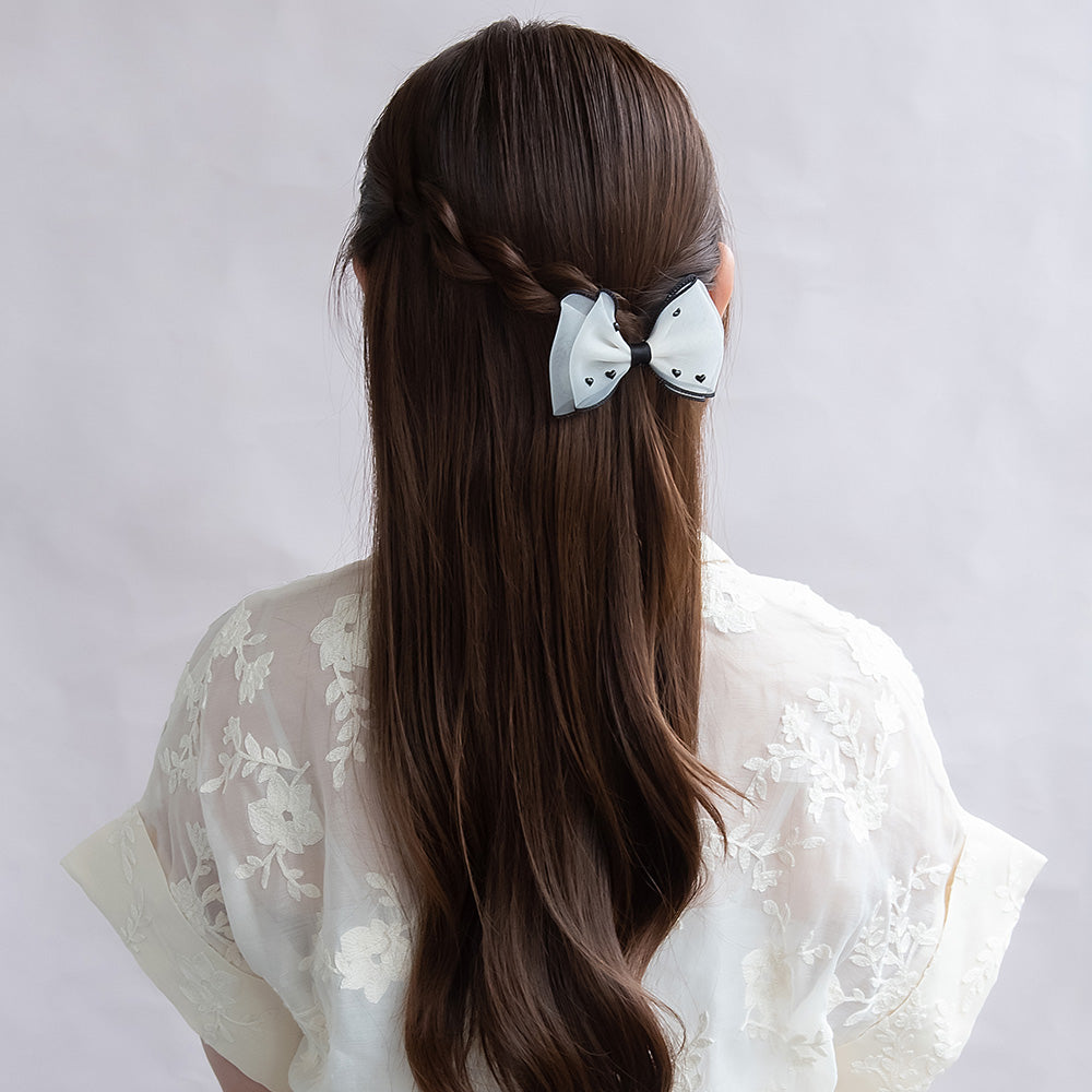 ヘアクリップ シアー ダブル リボン ハート バイカラー サイドクリップ