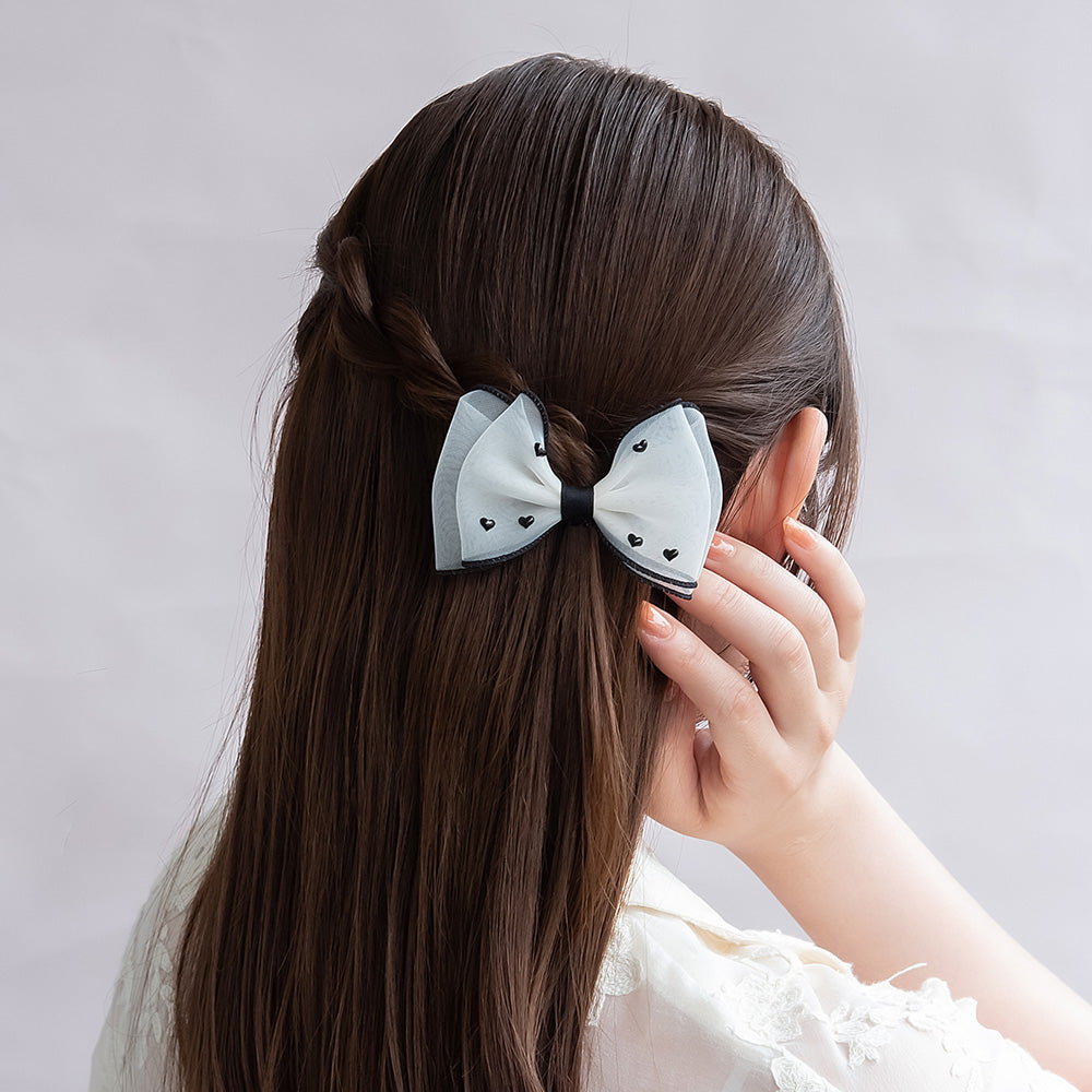 ヘアクリップ シアー ダブル リボン ハート バイカラー サイドクリップ