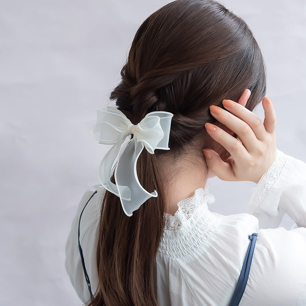 ヘアクリップ シアー ダブル リボン カラー サイドクリップ
