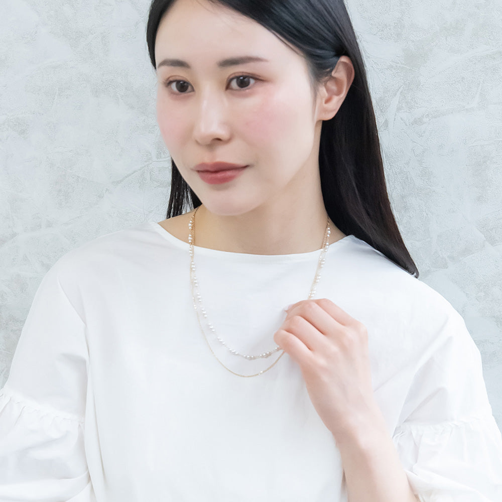 ネックレス ニッケルフリー メタル 2連風 パール チェーン スライドボール ロングネックレス