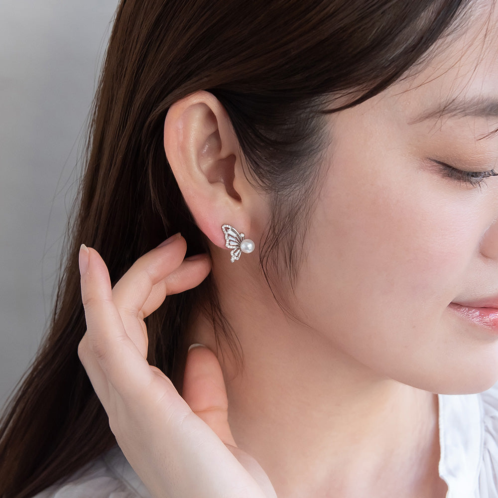 ピアス メタル ストーン バタフライ パール スタッドピアス