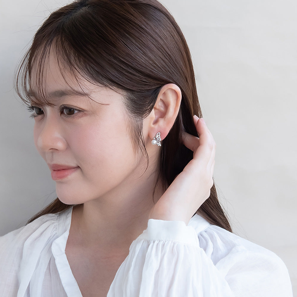 ピアス メタル ストーン バタフライ パール スタッドピアス