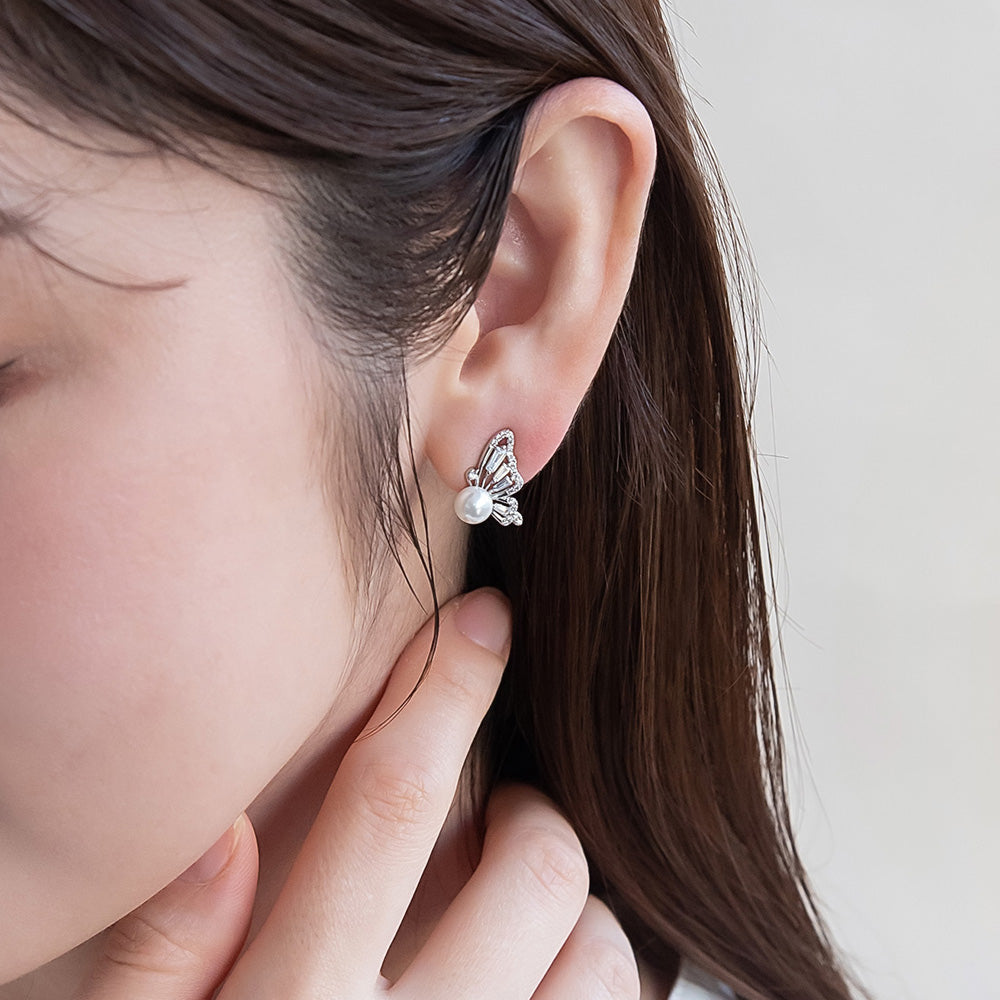 ピアス メタル ストーン バタフライ パール スタッドピアス