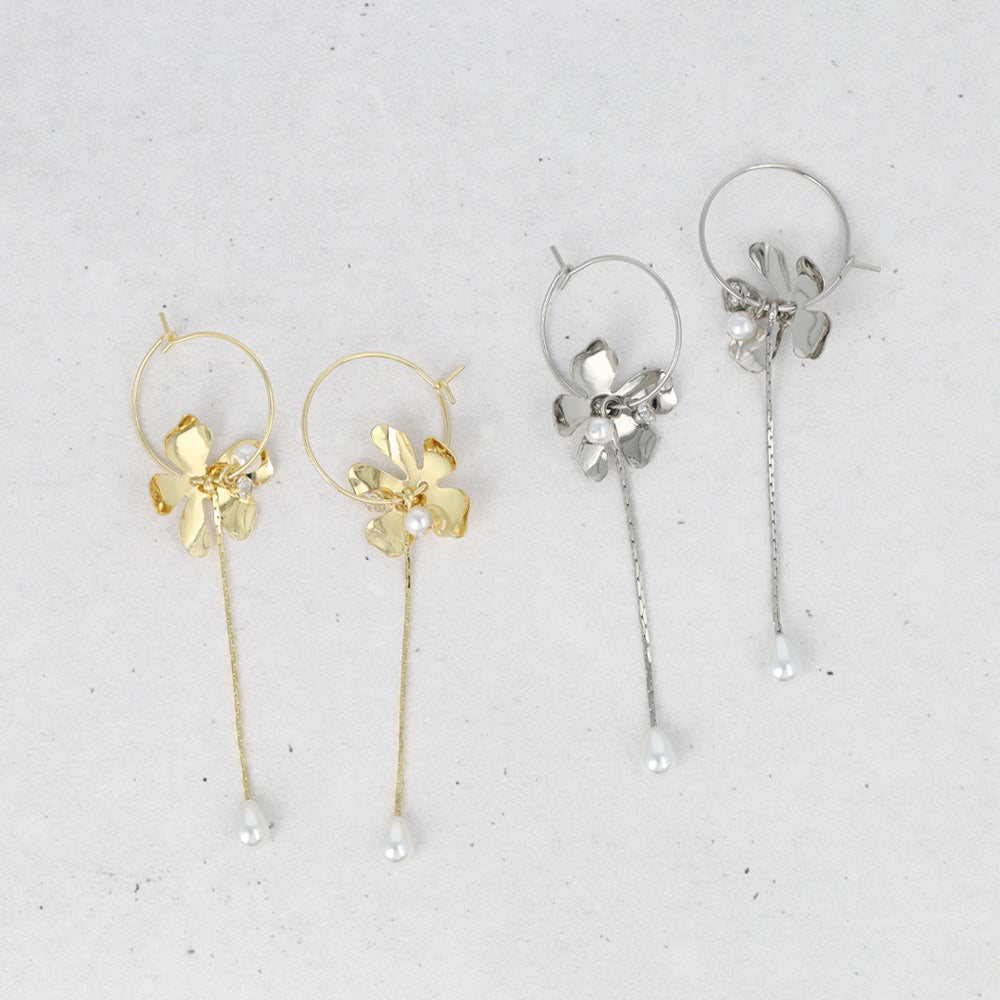 ピアス ニッケルフリー メタル フラワー パール フープピアス