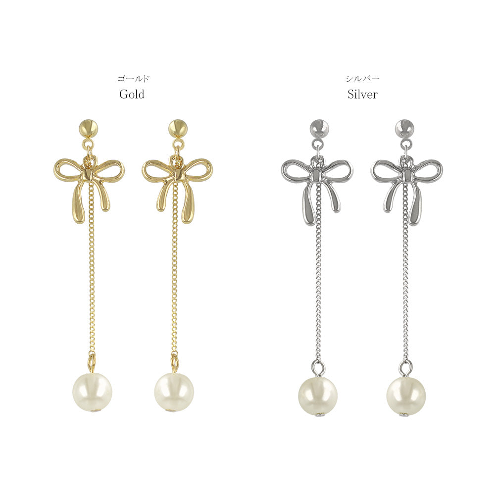 ピアス ニッケルフリー メタル リボン パール ステンレスポスト スタッドピアス