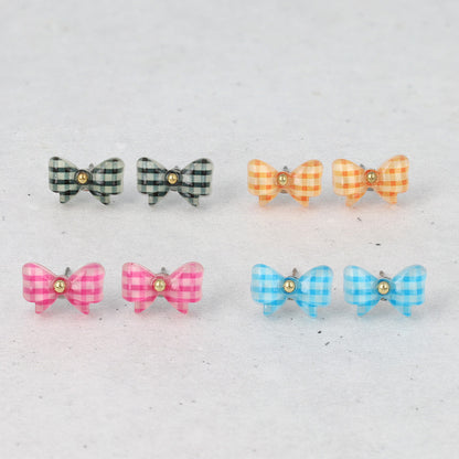 ピアス リボン チェック 柄 クリア カラー ビーズ チタンポスト スタッドピアス