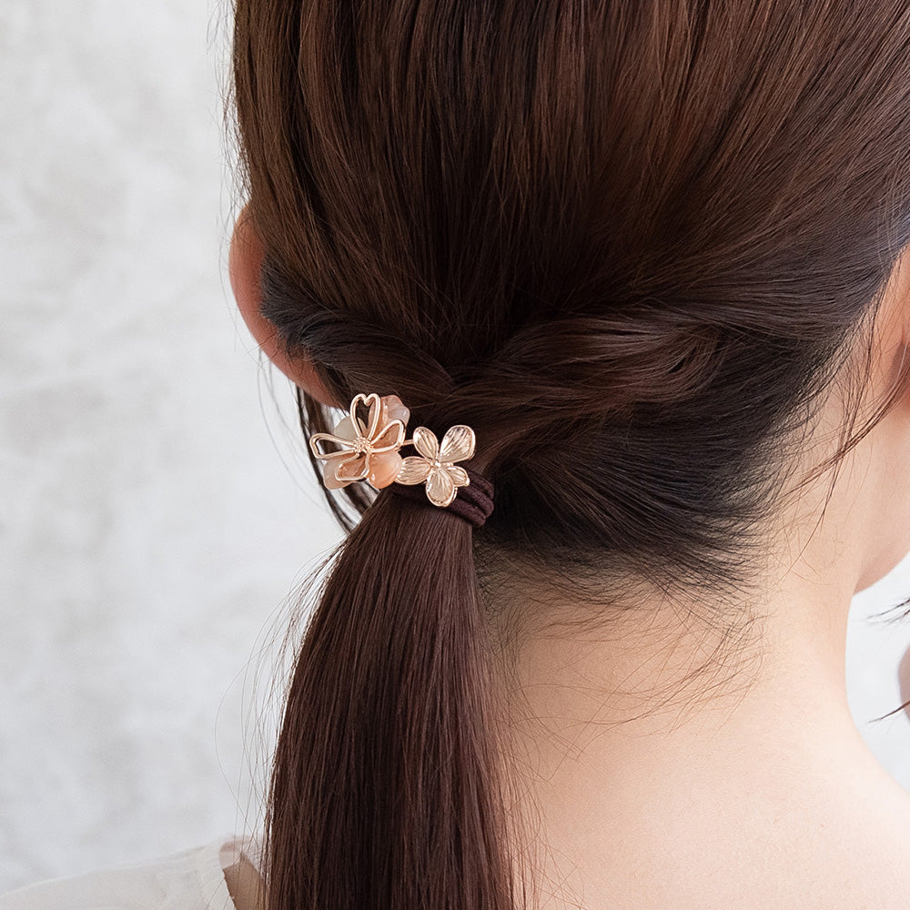 ヘアゴム メタル 透かし ダブル フラワー マーブル カラー ヘアポニー