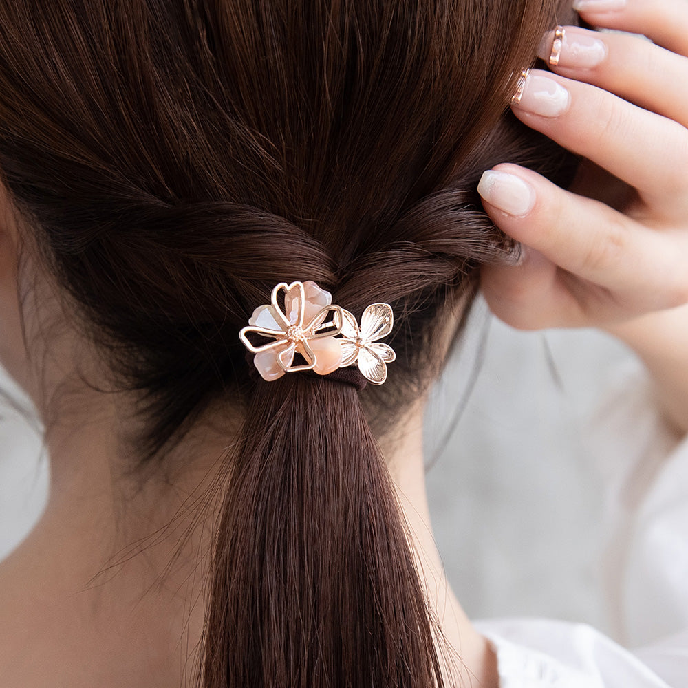 ヘアゴム メタル 透かし ダブル フラワー マーブル カラー ヘアポニー