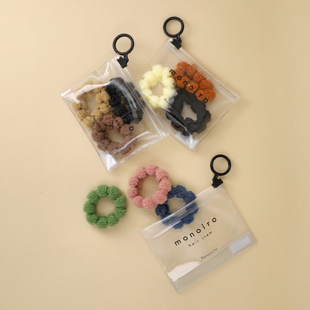 ヘアゴム monoiro カラー もこもこ ライン シームレス 3本セット クリアケース入り リングゴム