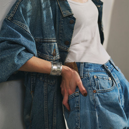 【LIMITED NUMBER】Vintage Like ブレスレット ニッケルフリー メタル ウェーブ ワイド プレート インナー ドロー ハーフバングル