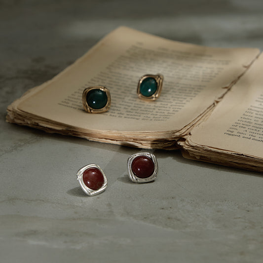 【LIMITED NUMBER】Vintage Like イヤリング ニッケルフリー メタル スクエア フレーム ライン マーブルカラー ストーン クリップイヤリング シリコンカバー付き